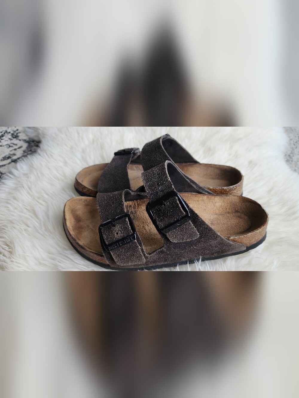 Birkenstock Two-Strap Suede Slides in Dark Brown
